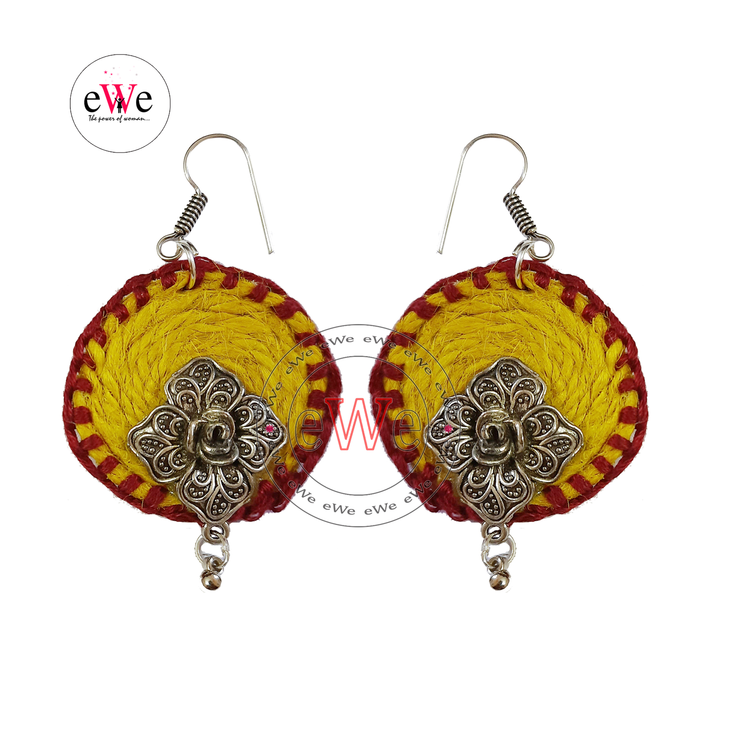 Yellow And Red Woolen Thread  Flower Handmade Earrings