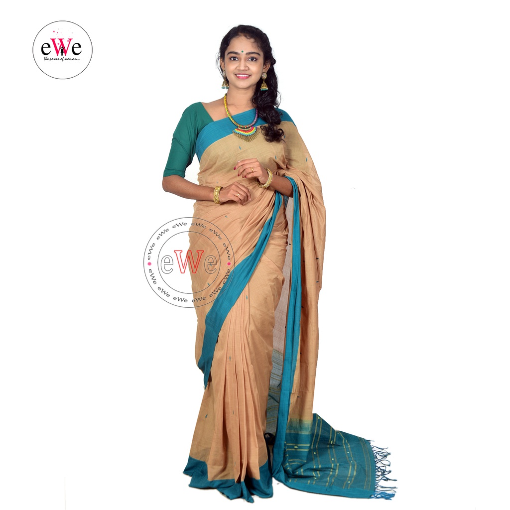 Traditional Handloom Saree (Light Brown &amp; Blue)