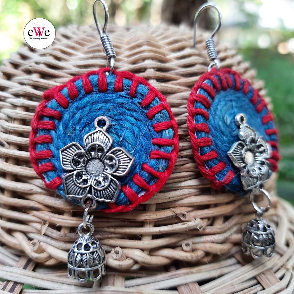 Blue And Red Woolen Thread  Flower Handmade Earrings