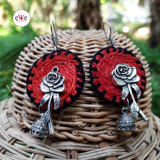 Black And Red Woolen Thread Rose Flower Handmade With Jhumka Earrings [eomihjy1011]