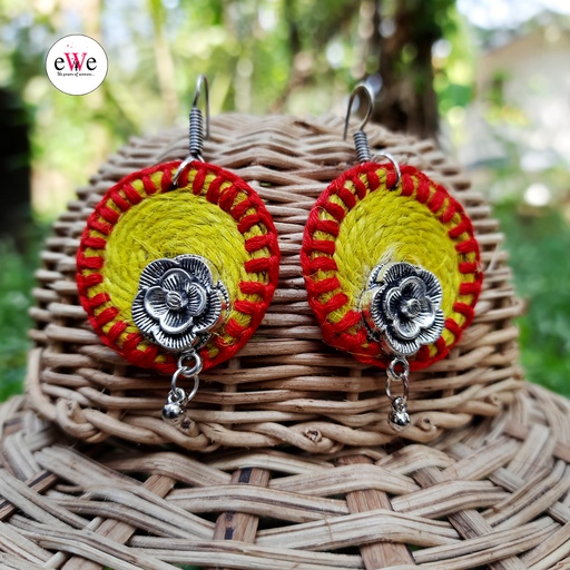 Yellow And Red Woolen Thread Rose Flower Handmade Earrings With Jhumka [eomihjy1004]