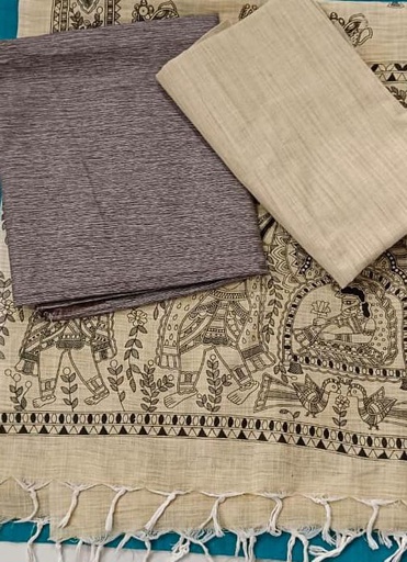 Jute Cotton Top, Bottom &amp; Dupatta with Authentic Madhubani Hand Painting [ehlmrst1003cm]